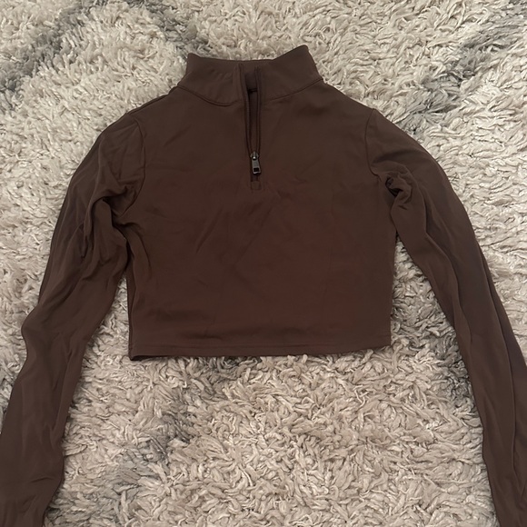 Chocolate Brown Quarter Zip Crop Top - Picture 1 of 3